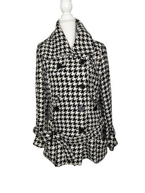 Houndstooth Trench Jacket double breasted black white Size Large By Coffee shop